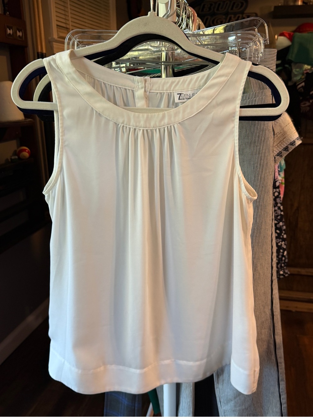 Avenue White Sleeveless Pleated Neck Camisole